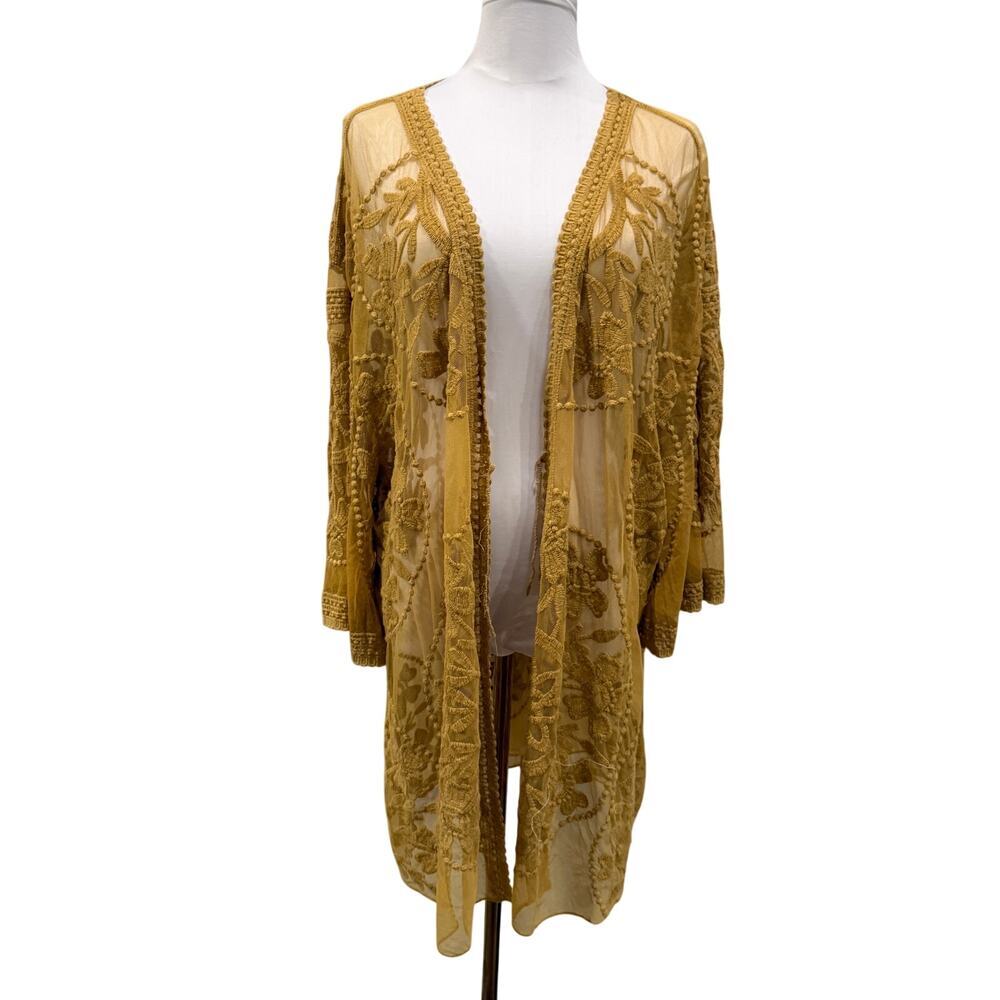 Boho Western Mustard Yellow Embroidered Mesh Kimono Duster Oversized Festival L